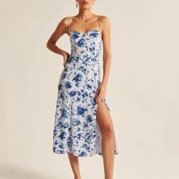 Abercrombie & Fitch Dress Size Small Blue Floral Corset Seamed Midi Slit - Picture 1 of 14